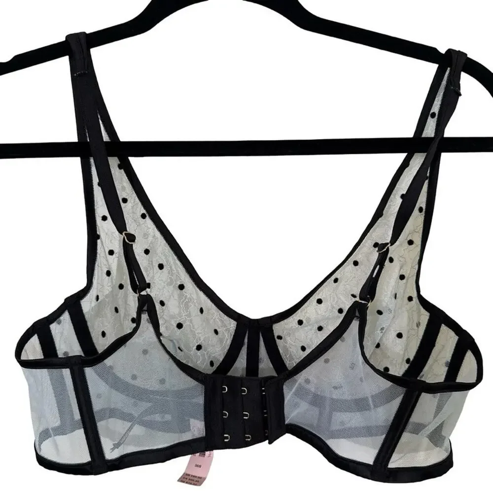 Victorias Secret Unlined Plunge Blue Black Lace Sheer Underwire Bra NWT sz 36B